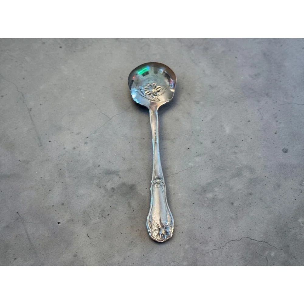 Vintage Art Nouveau Silver Plate Sugar Spoon Floral Lily Scalloped Bowl Serving